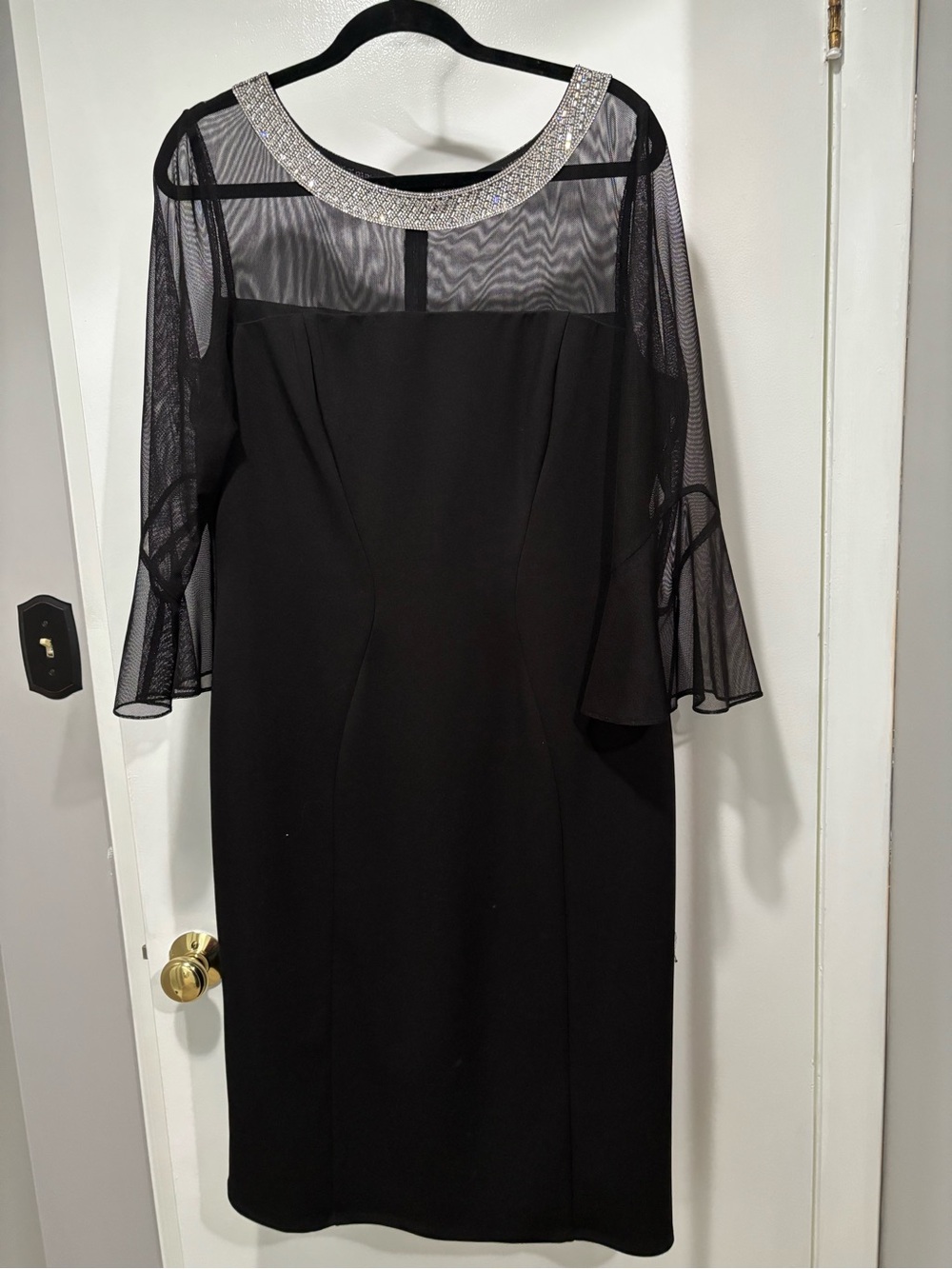 Alex Evenings Black Mesh Sleeve Cocktail Dress with Jeweled Collar